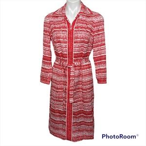 Vintage Leslie Pomer 1970’s Dress Polyester Red White Abstract Medium Tie Waist